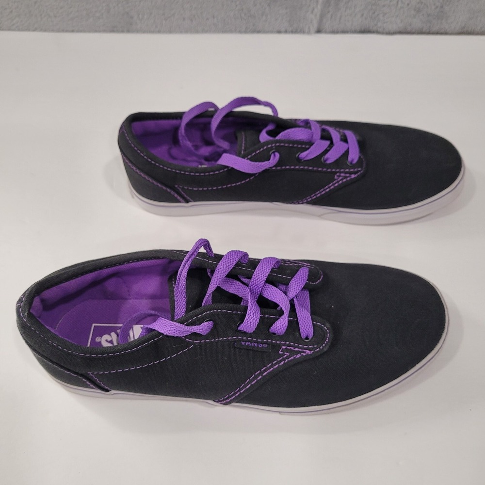 Vans Atwood Low Top Sneakers Black Canvas Purple Stitching Women's Missy Size 6 - Picture 3 of 11